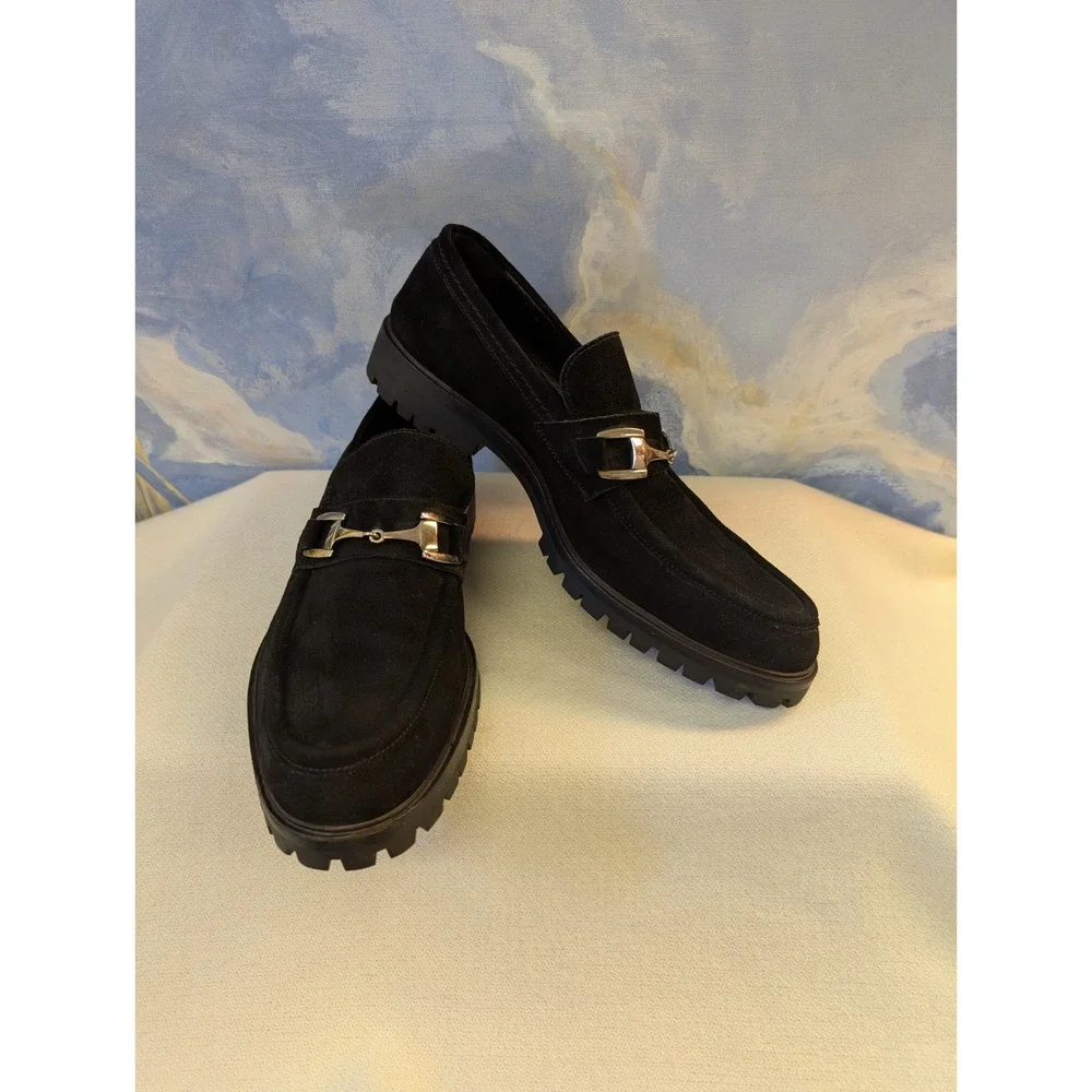 Gucci 43.5/10.5 E Chunky Lug Sole Polished Metal Bit Suede Loafers